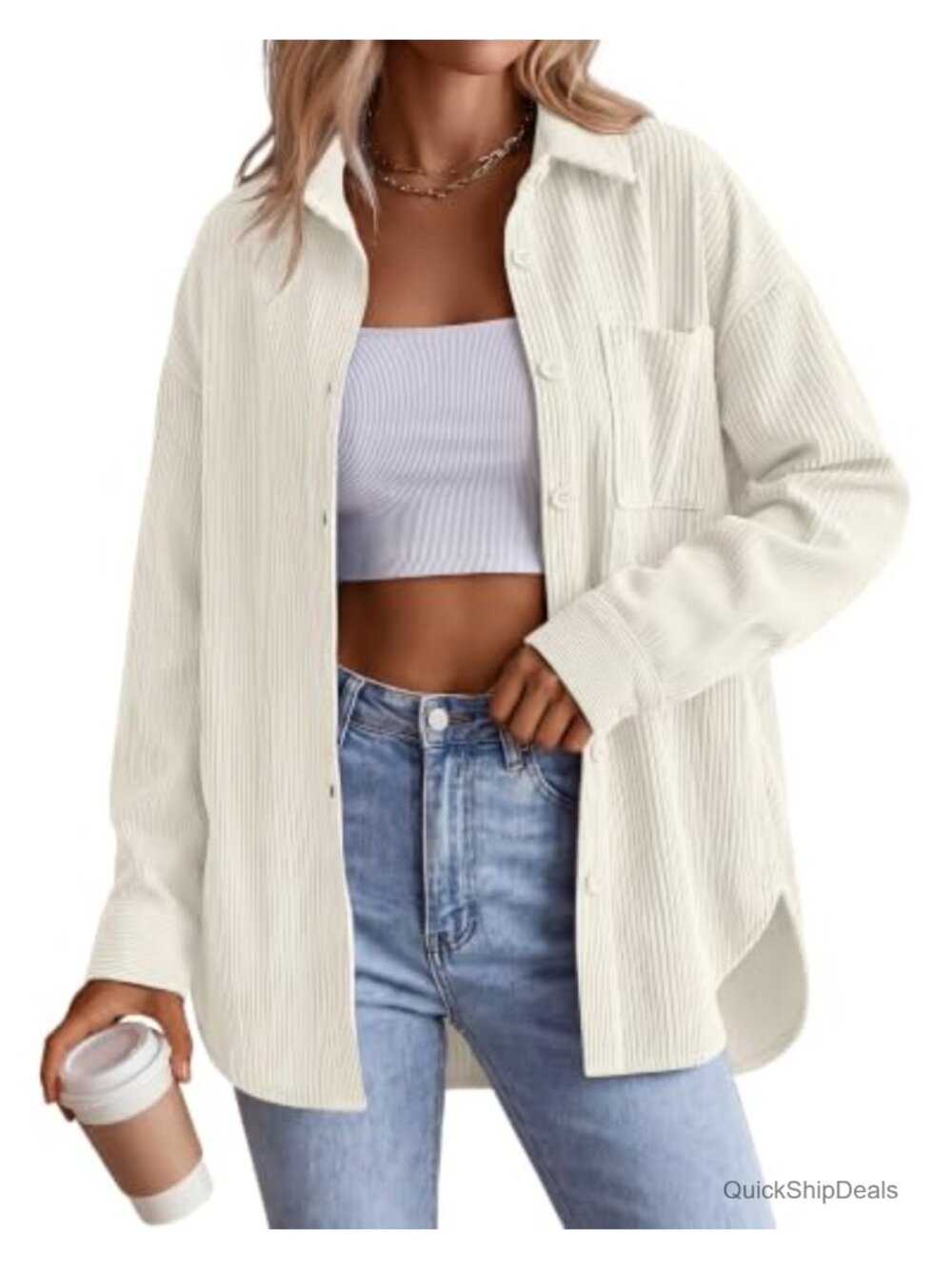 Oversized Corduroy Button Down Shirt Long Sleeve Blouse